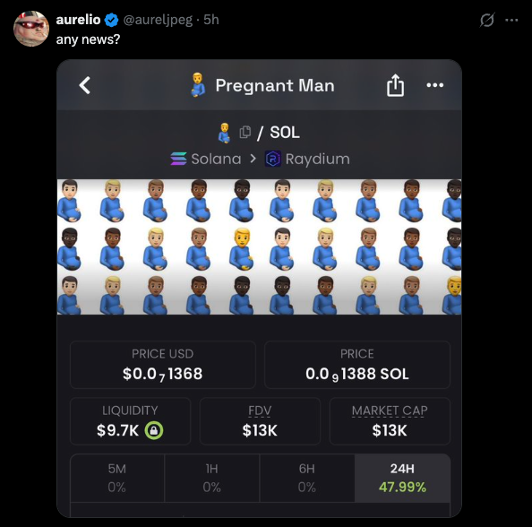 A screenshot of an X (Twitter) post by "aurelio" (@aureljpeg) asking "any news?" with an attached image of a token called "Pregnant Man" on Solana/Raydium showing a $0.0001368 price and $9.7K liquidity.