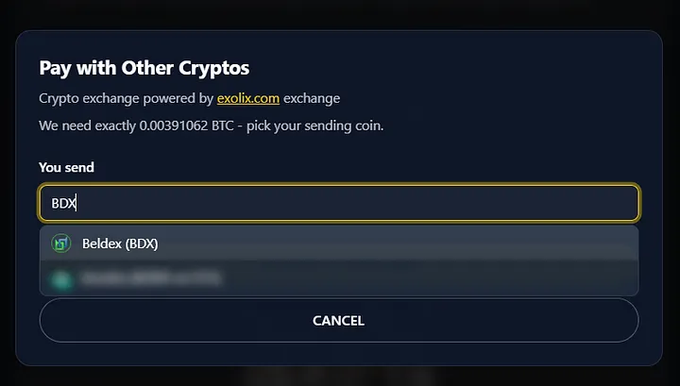 A crypto payment interface titled 'Pay with Other Cryptos' showing a requirement for 0.00391062 BTC, with BDX selected as the sending option.