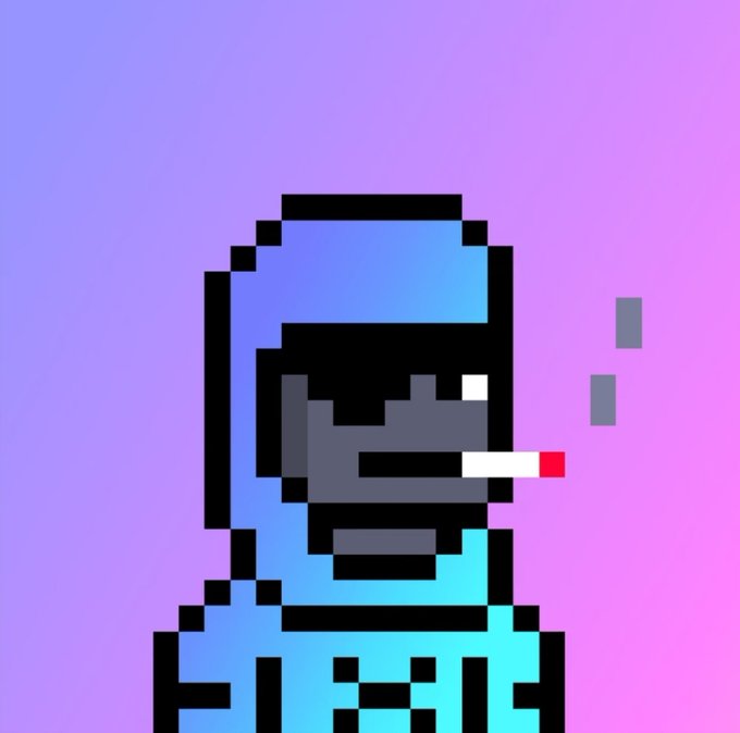A pixel art portrait of a character wearing a blue hood and a pixelated face with a lit cigarette, set against a gradient purple-to-pink background.