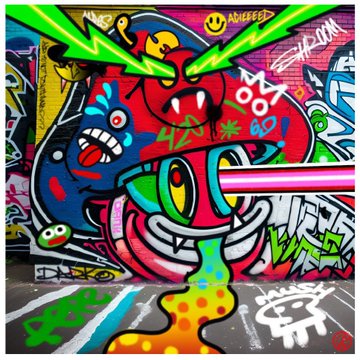 Colorful street art/graffiti on a wall featuring cartoonish monster characters, bright green laser beams, the text 'ALIENZ' and 'WRKZ', with a dripping colorful effect at the bottom.