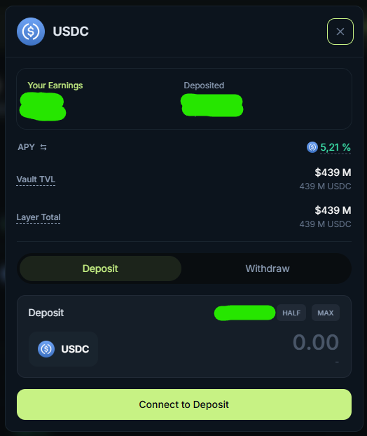 Screenshot of a USDC crypto vault interface showing a 5.21% APY, $439M Vault TVL and Layer Total, with options to Deposit or Withdraw.