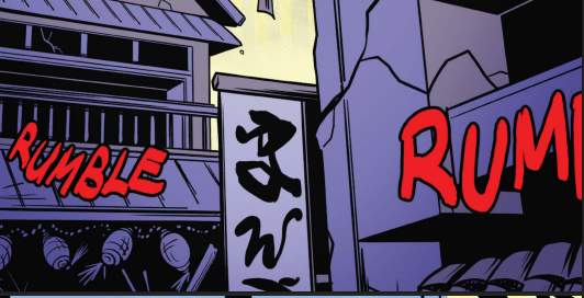 The image shows a comic book-style illustration of buildings with the onomatopoeia word "RUMBLE" displayed prominently in red text on both sides.