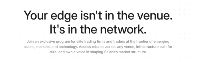 In this image, there is an advertisement for a trading program named Frontier Traders. The banner features text that says "Your edge isn't in the venue" and mentions several companies such as "@SolanaFndn", "@MarketMaker", "#Finance", and "@InstitutionalCapital". The main content of the image is the text from the post, which reads: "HUGE: @solanaFndn has launched Frontier Traders. It's in the network. Focus on what is in the image and how it relates to the post." This information indicates that this program is related to trading venues for Elite Trading Firms and Market Makers or focuses on institutions managing large capital pools, as they are targeting a more exclusive group of investors compared to Binance traders who typically deal with smaller funds.