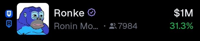 A crypto portfolio showing 'Ronke' verified with a BRC-20 token icon, valued at $1M with a 31.3% gain and 7,984 holders.
