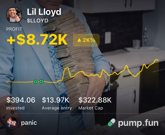 A pump.fun trading profile for user "Lil Lloyd" ($LLOYD) is overlaid on a man clutching an enormous stack of cash, flaunting a +$8.72K profit (up 2K%) on a $394 investment with a $322.88K market cap, visually reinforcing the post's pitch to ditch a 9-5 grind and chase meme coin gains.
