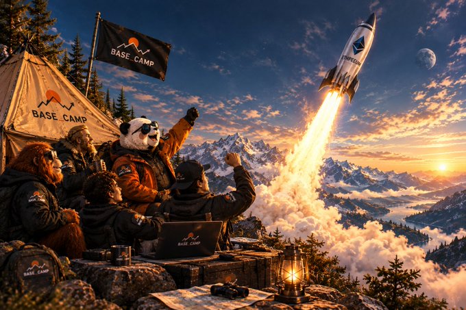 A whimsical digital illustration of a panda and other animals in winter gear cheering as a rocket labeled 'CAMPBASE' launches from a mountain 'BASE CAMP' at sunset.