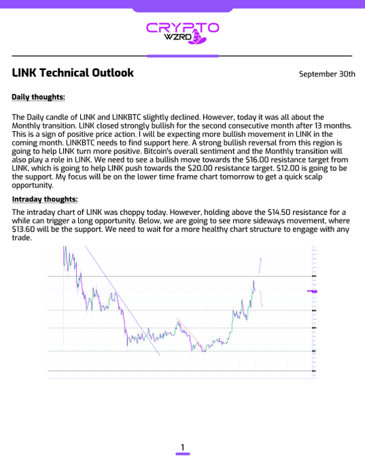 A document titled 'LINK Technical Outlook' dated September 30th by 'CRYPTO WZRD' featuring daily and intraday thoughts on LINK and LINKBTC, predicting a bullish move towards $16.00 and $20.00 resistance levels, with a $14.50 resistance and $13.60 support mentioned, alongside an intraday chart.