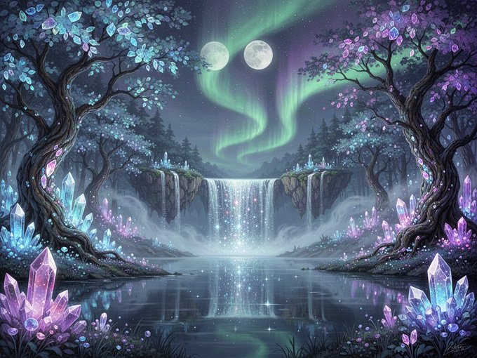 A mystical night scene features twin moons, an aurora borealis, and glowing purple and blue crystals framing a luminous waterfall in an enchanted forest, fitting the AI-generated artwork theme.