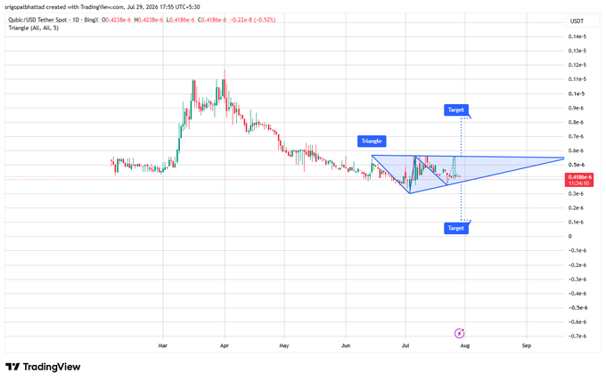 A TradingView candlestick chart for Qubic / USD Tether showing a 'Triangle' pattern with Target levels marked above and below the consolidation.