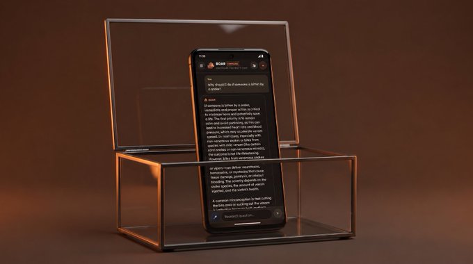 A smartphone displaying a chat conversation with an AI assistant rests inside a clear acrylic case with a tilted lid against a dark brown background.