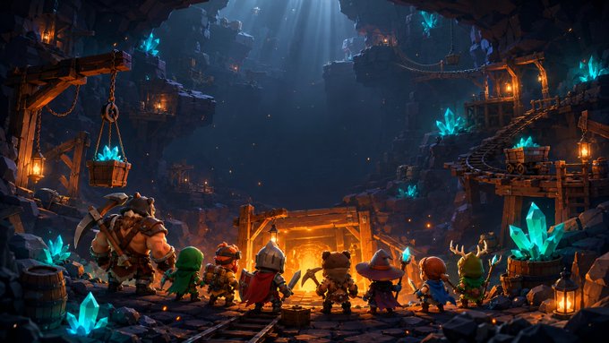 The image features a group of people standing around a train track, with some of them holding weapons or tools. The scene takes place in a dark cave-like setting, which adds an element of mystery and adventure to the atmosphere. There are several characters present, including a man wearing a backpack and another person holding a sword. A few more individuals can be seen standing near the train tracks, possibly discussing their next move or sharing stories about their experiences in the game. The image also includes text that reads "Every run starts with one question. How deep are you willing to go? Gather your crew, mine rare crystals, survive what lurks below, and extract before it's too late". This message seems to be related to a specific aspect of the game or its storyline, possibly involving treasure hunting or survival challenges in a dark cave-like environment.
