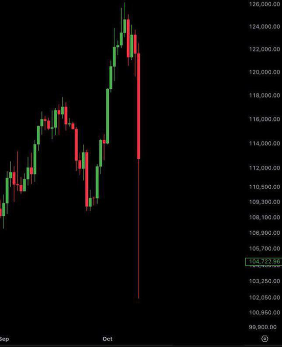 A Bitcoin/USD candlestick chart shows prices climbing to a peak above $124,000 in late September/early October before experiencing a dramatic single-candle crash down to $104,722.96, capturing the painful irony behind the caption "We were so close to the greatness."