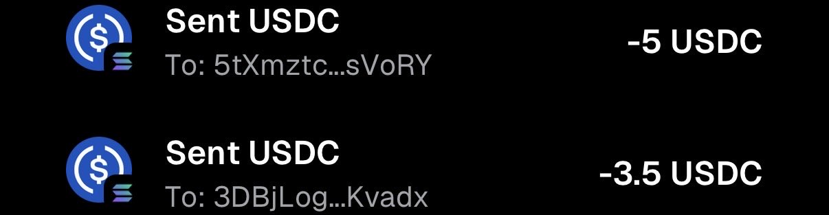 A dark interface showing two cryptocurrency transactions, both labeled 'Sent USDC', for -5 USDC to address '5tXmztc...sVoRY' and -3.5 USDC to address '3DBjLog...Kvadx'.