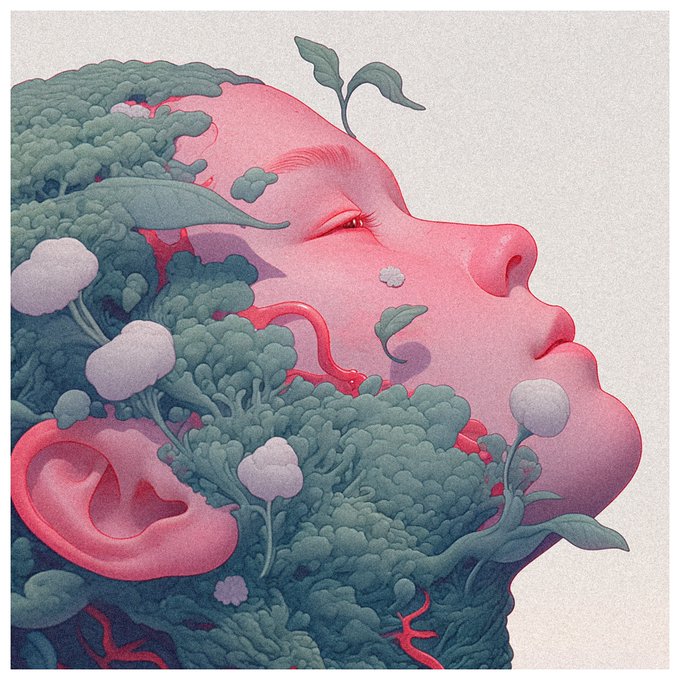 A surreal digital illustration depicting a profile view of a human head rendered in pink/red tones, with green broccoli-like foliage and plants growing from and merging with the face and hair area.