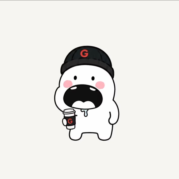 A cute cartoon white character wearing a black cap with a red 'G' logo, holding a coffee cup marked 'G', with its mouth wide open.