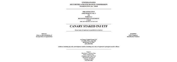 The cover page of a United States Securities and Exchange Commission registration statement for the 'CANARY STAKED INJ ETF' (Form S-1).