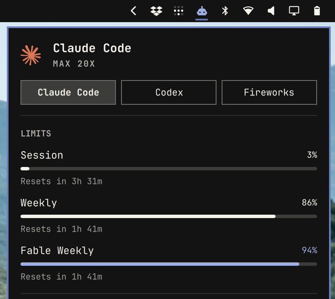 A dark-themed dashboard for "Claude Code MAX 20X" shows usage limits with a session at 3%, weekly usage at 86%, and Fable Weekly at 94%, both weekly quotas resetting in 1h 41m. The image visually supports the post's message about carefully pacing remaining Fable tokens before the imminent reset.