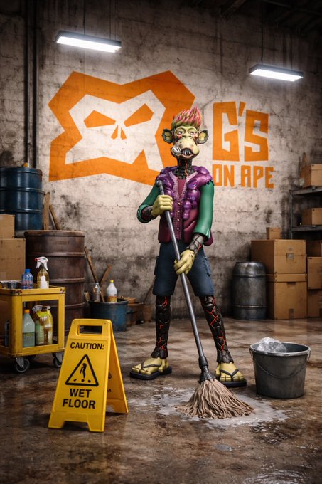 A 3D-rendered monkey character wearing a gas mask, purple vest, and shorts stands holding a mop next to a "CAUTION: WET FLOOR" sign in an industrial space with an "APE" logo painted on the wall.