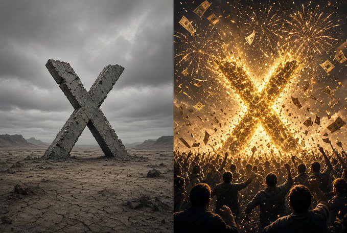 A side-by-side comparison showing two contrasting scenes with a large 'X' shape: the left side depicts a desolate, cracked desert landscape with a giant concrete X under a gloomy sky, while the right side shows a celebratory crowd cheering as money and fireworks explode behind a glowing golden X.
