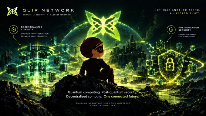 A promotional graphic for 'QUIP NETWORK' displays a stylized character overlooking a futuristic green-lit cityscape, with text highlighting 'DECENTRALIZED COMPUTING' and 'POST-QUANTUM SECURITY'.