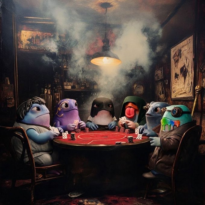 AI-generated artwork depicting a group of colorful, cartoon-like amphibian and creature characters sitting around a poker table playing cards in a dimly lit, smoky room with vintage decor.