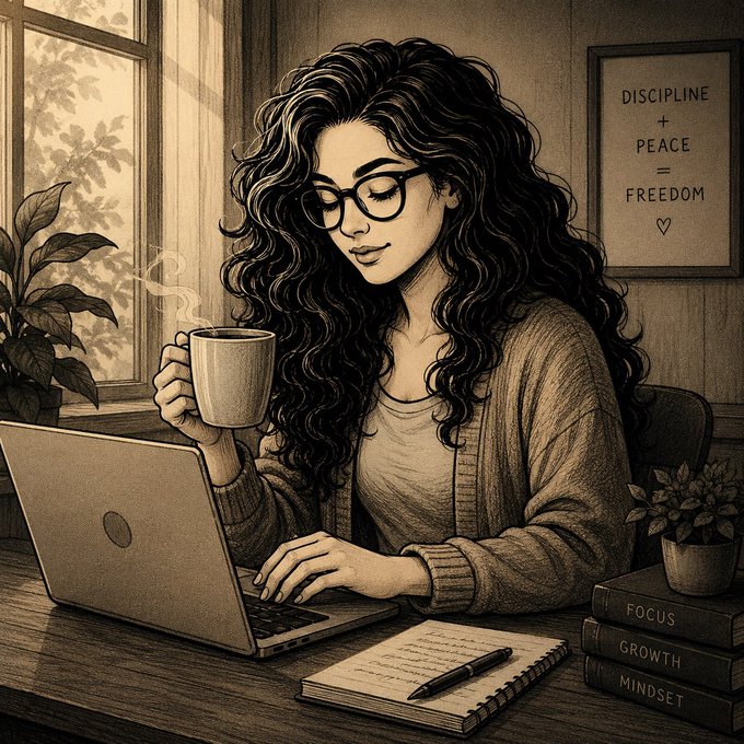 An illustrated sketch-style image of a woman with curly hair and glasses holding a steaming mug while working on a laptop, with a framed 'DISCIPLINE + PEACE = FREEDOM' quote on the wall and books labeled 'FOCUS', 'GROWTH', and 'MINDSET' nearby.