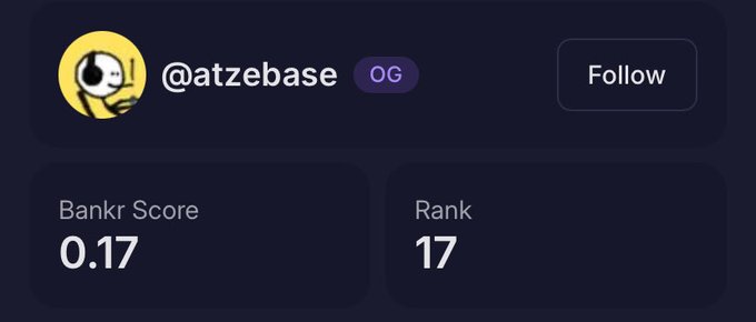 A profile card for @atzebase with an OG badge, showing a Bankr Score of 0.17 and a Rank of 17.
