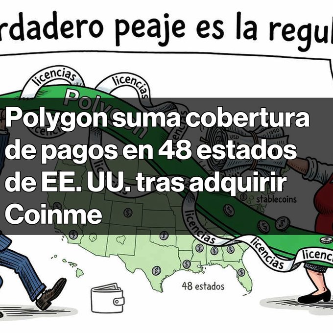 An illustration showing a map of the United States covered in green and gray banners reading 'licencias' and 'Polygon', with Spanish text stating 'Polygon suma cobertura de pagos en 48 estados de EE. UU. tras adquirir Coinme'.