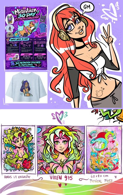 A promotional poster for 'VIXEN 975' art drop featuring illustrations of a red-haired female character with headphones, plus additional colorful character artwork, with text including 'METAVIXEN 90 DAY FITNESS CHALLENGE', 'THREE WAYS TO WIN', 'BONUS 1/1 EXCLUSIVE', and '60 x 80 cm PHYSICAL PIECE'.