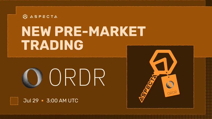 An announcement banner from Aspecta featuring the ORDR token's pre-market trading launch on July 29 at 3:00 AM UTC, displaying Aspecta's hexagonal key logo with an ORDR tag alongside the project's branding.