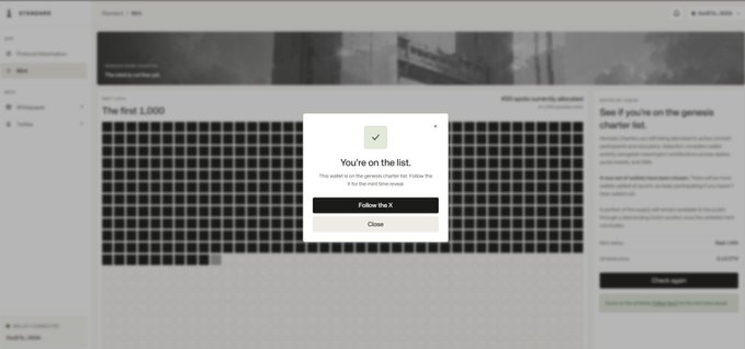 A confirmation modal reading "You're on the list." appears over the Standard NFT platform's "The first 1,000" allowlist page, following a successful submission for the 1,000 charter allowlist ahead of the September 14 launch.