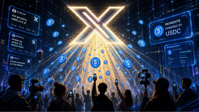 A digital artwork depicting the X (formerly Twitter) logo with dollar signs raining down on a crowd holding smartphones, featuring a 'PAYMENTS POWERED BY USDC' panel showing on-chain activity.