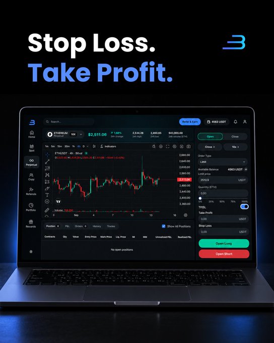 An advertisement for a trading platform displaying 'Stop Loss. Take Profit.' with a laptop showing the ETH/USDT chart and trading interface including Open Long and Open Short buttons.