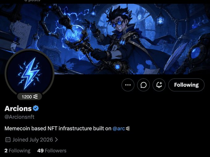A Twitter/X profile page for 'Arcion$ (@Arcionsnft)' showing a blue-themed anime-style avatar and banner, with bio text reading 'Memecoin based NFT infrastructure built on @arc'.