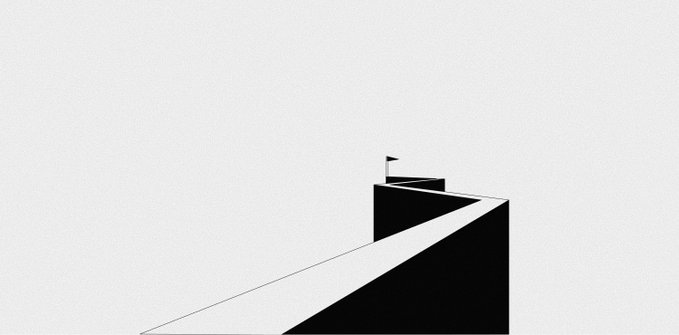 A minimalist geometric drawing of a black ramp or staircase leading up to a platform with a small flag on a plain white background.