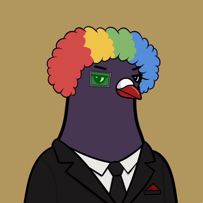 A cartoon illustration of a pigeon/dove character with a rainbow afro wig, a green eye patch, wearing a black business suit with a white shirt and black tie, set against a tan background.