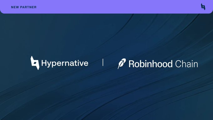 A 'NEW PARTNER' announcement banner with a purple header showing the Hypernative and Robinhood Chain logos side by side separated by a vertical line on a dark blue background.