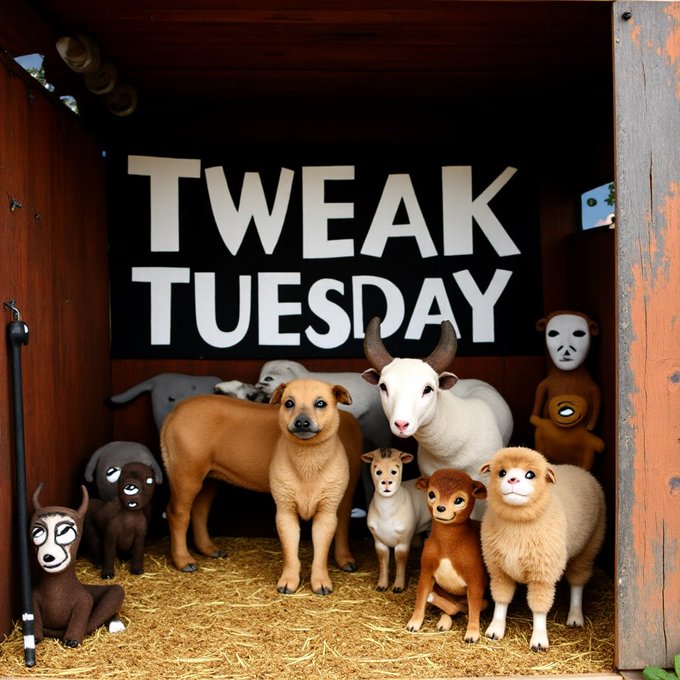 A whimsical collection of toy animals, including dogs, a bull, sheep, and a donkey, gather on straw beneath a bold "TWEAK TUESDAY" sign in a rustic wooden stall. The playful scene perfectly captures the mischievous, animal-themed spirit of the caption "Happy Tweak Tuesday ya filthy animals."