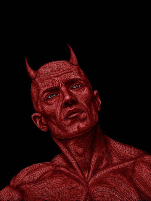 A stylized red-toned illustration of a horned demonic figure with a muscular humanoid body set against a black background.