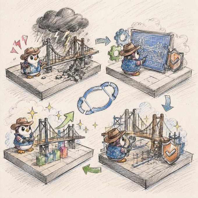 A whimsical, hand-drawn illustration depicting a four-step cyclical process featuring a penguin character in a hat managing the construction and maintenance of a suspension bridge.
