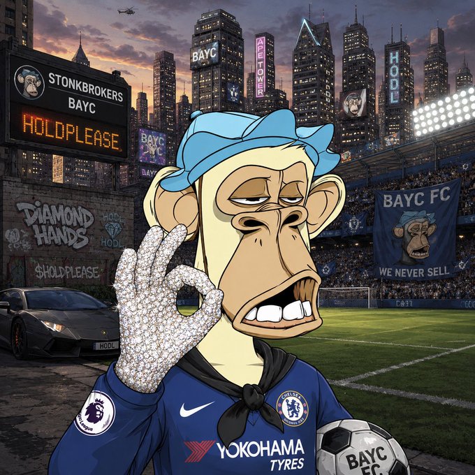 A Bored Ape Yacht Club (BAYC) NFT image featuring a cartoon ape in a Chelsea soccer jersey making an 'OK' gesture, set against a stadium background with 'BAYC FC' and 'HODL' signage.