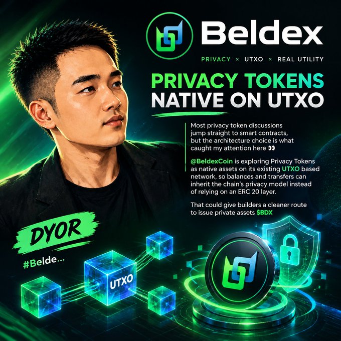 A promotional graphic for Beldex featuring Justin Sun, highlighting 'PRIVACY TOKENS NATIVE ON UTXO' and discussing @BeldexCoin's approach to privacy tokens on existing UTXO networks, with a 'DYOR #Beldex' label.
