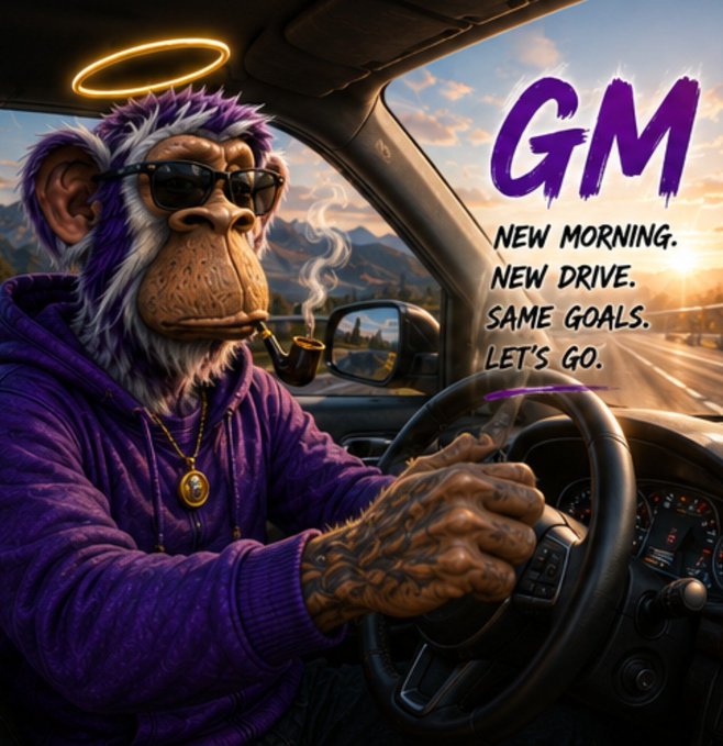 A tattooed purple chimpanzee with a glowing halo, sunglasses, and a smoking pipe drives confidently while wearing a purple hoodie, paired with the text "GM – NEW MORNING. NEW DRIVE. SAME GOALS. LET'S GO." 

The image ties into the post's message of daily discipline, using the chill, steadfast monkey to embody the "consistency beats motivation" mindset—showing up each morning with the same focused drive to keep building and growing.