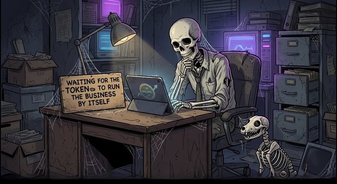 A cartoon illustration of a skeleton wearing a shirt sitting at a desk with a laptop and a sign reading "WAITING FOR THE TOKEN TO RUN THE BUSINESS BY ITSELF", surrounded by filing cabinets, boxes, and cobwebs, with a smaller skeleton nearby.