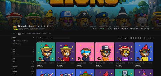 A screenshot of the "Onchain Lions" NFT collection page on OpenSea, displaying 6,300 items owned by yrn with stats showing 8,822 owners and a $5.82 floor price, featuring various pixel-art lion characters wearing hats like sombreros and military caps listed at $5.80 each. The image illustrates the "OC Lions" NFT collection being promoted in the accompanying post as an investment opportunity.