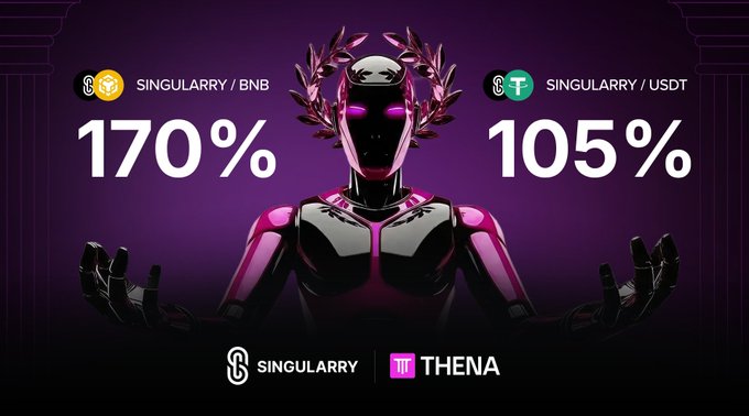A futuristic pink and black robotic figure stands between two yield farming metrics on a dark purple background, displaying "SINGULARRY/BNB 170%" and "SINGULARRY/USDT 105%" with SINGULARRY and Thena logos at the bottom, promoting high APR liquidity pool incentives on ThenaFi as referenced in the accompanying post.