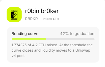 A digital interface for 'r0bin br0ker' (RBRKR) showing a bonding curve for 'Paired ETH' that is 42% to graduation, with 1.774375 of 4.2 ETH raised.