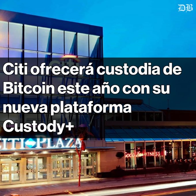 A nighttime photograph of the Citi Plaza building with overlaid Spanish text reading 'Citi ofrecerá custodia de Bitcoin este año con su nueva plataforma Custody+'.