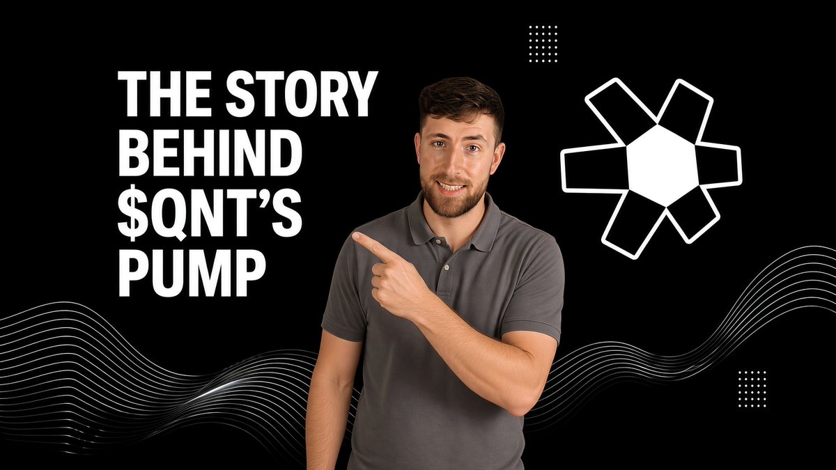 A man in a gray polo shirt points to text reading 'THE STORY BEHIND $QNT'S PUMP' alongside a white geometric logo on a black background.