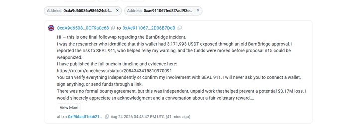 An Etherscan message from address 0xda9d6508... discusses a final follow-up regarding a 'BarnBridge incident,' mentioning a researcher who identified a wallet that could have prevented a $3.17M loss.
